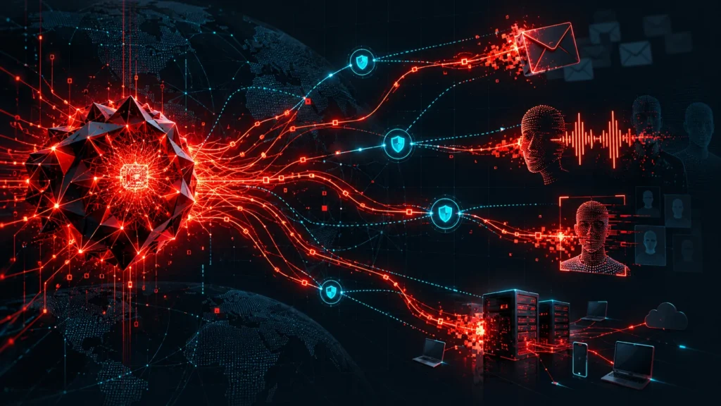 AI-driven threat network targeting phishing, voice, identities, and servers, with defensive signals