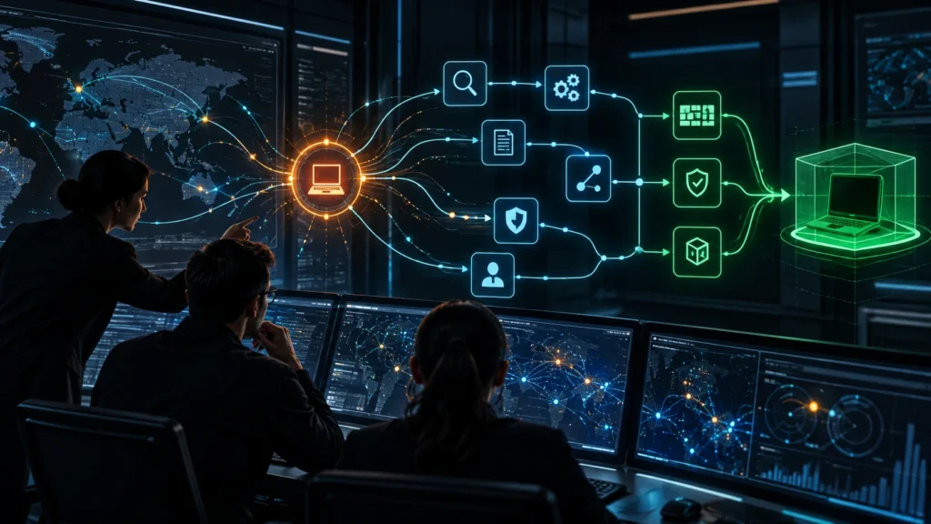 Security analysts investigating alerts while an automated SOAR playbook isolates a suspicious endpoint
