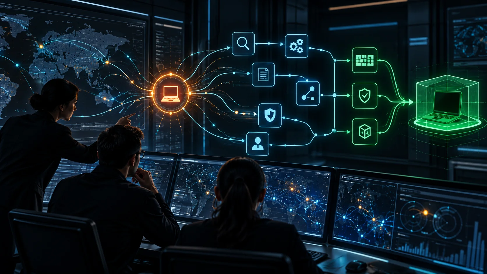 Security analysts investigating alerts while an automated SOAR playbook isolates a suspicious endpoint