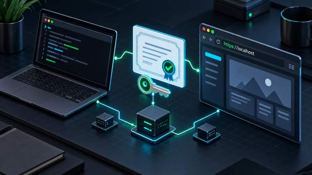 Illustration of a developer terminal, trusted local HTTPS certificate, and browser connected to a local server