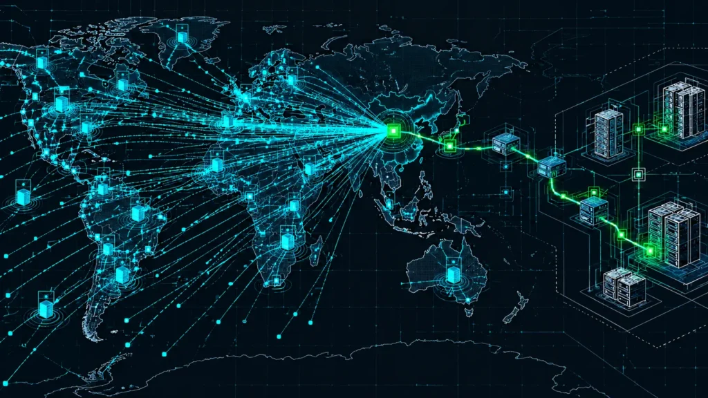 Global cyber operations map showing automated scanning and a hands-on intrusion path through network infrastructure