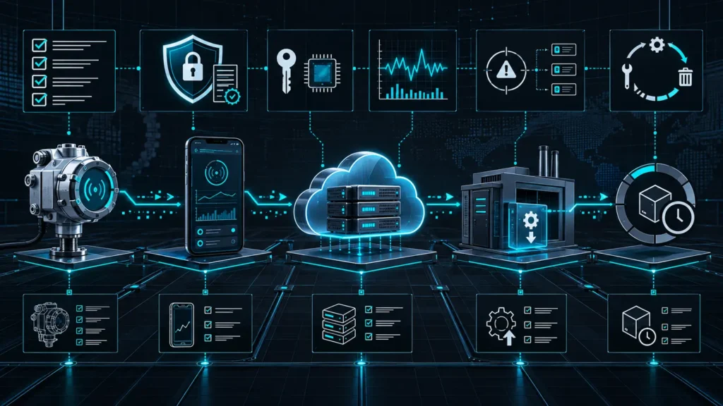 IoT device, mobile application, cloud backend and manufacturer support mapped to cybersecurity requirements