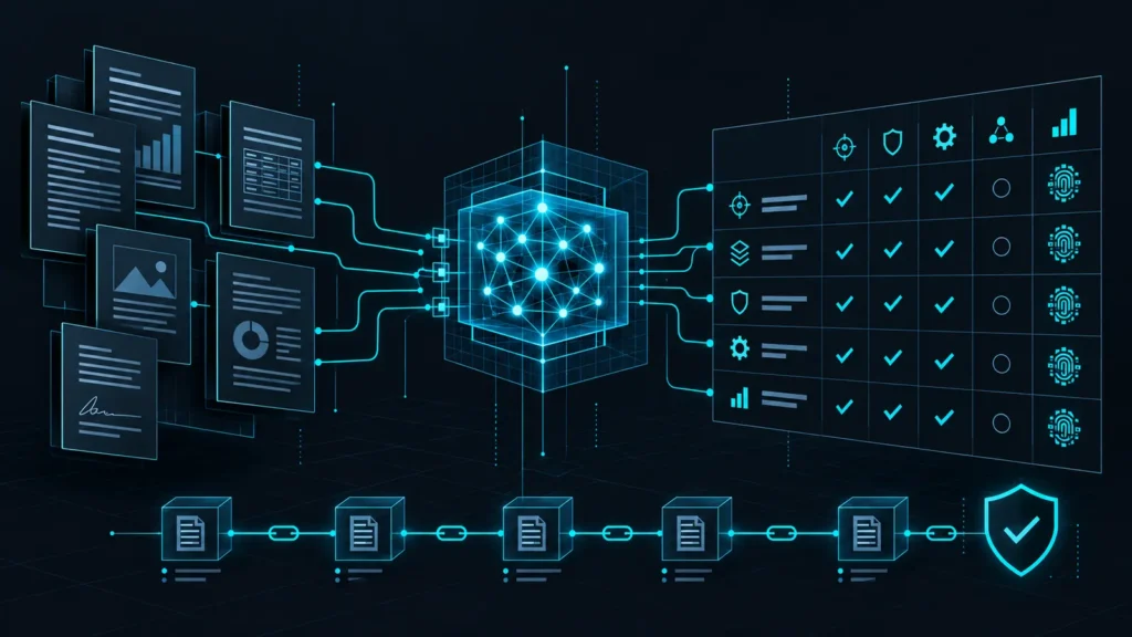 Documents flow through an AI analysis node into a traceable NIST CSF 2.0 control matrix