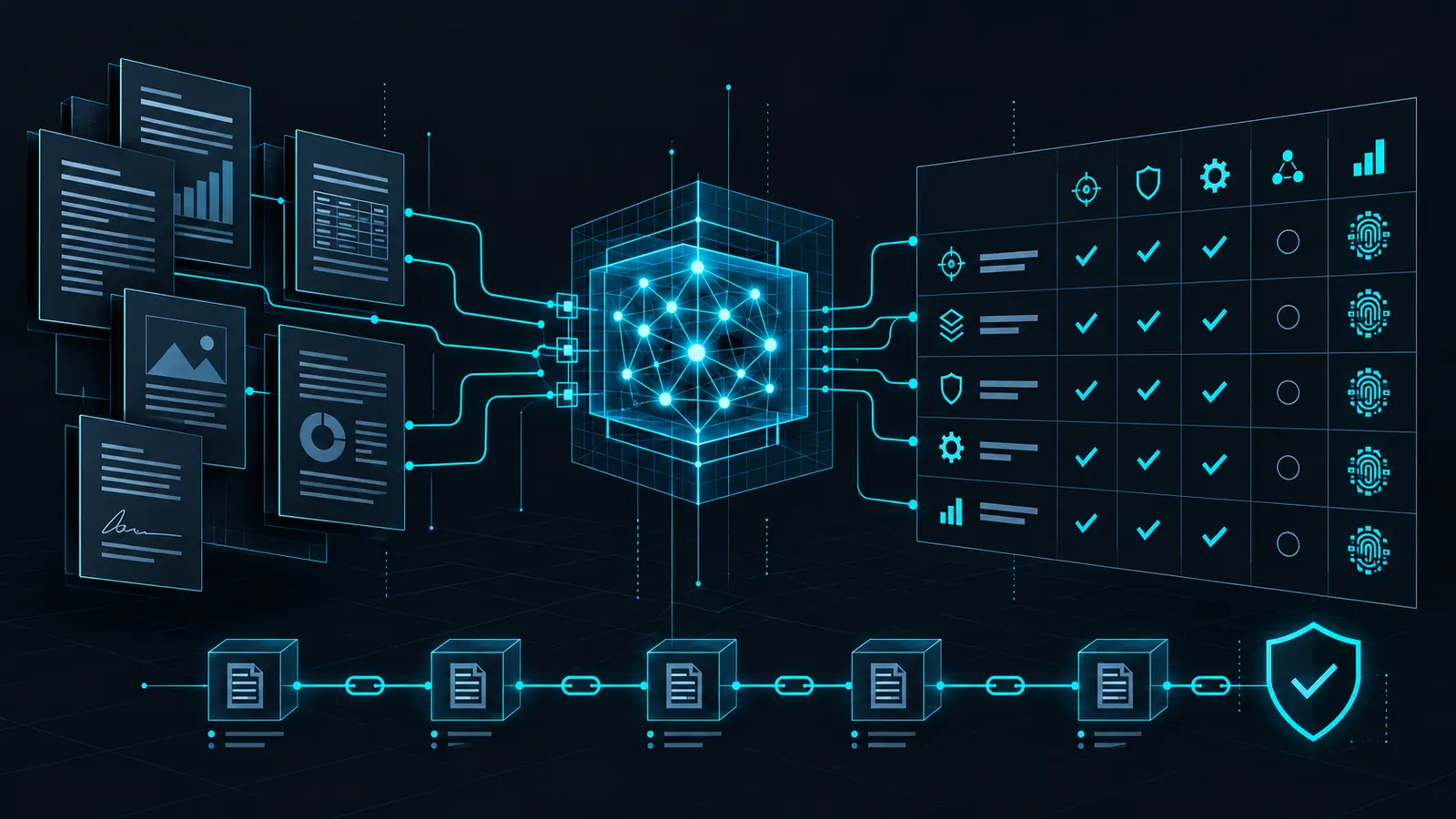 Documents flow through an AI analysis node into a traceable NIST CSF 2.0 control matrix