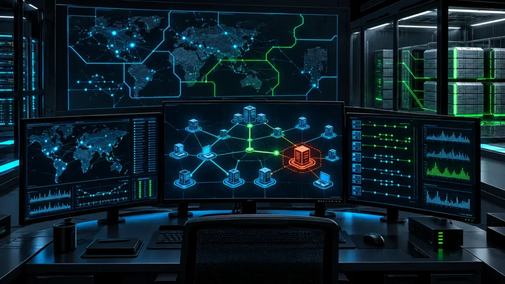 Incident response workstation showing a quarantined ransomware node, telemetry paths, and isolated backup systems