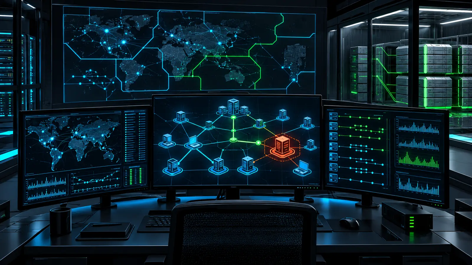 Incident response workstation showing a quarantined ransomware node, telemetry paths, and isolated backup systems