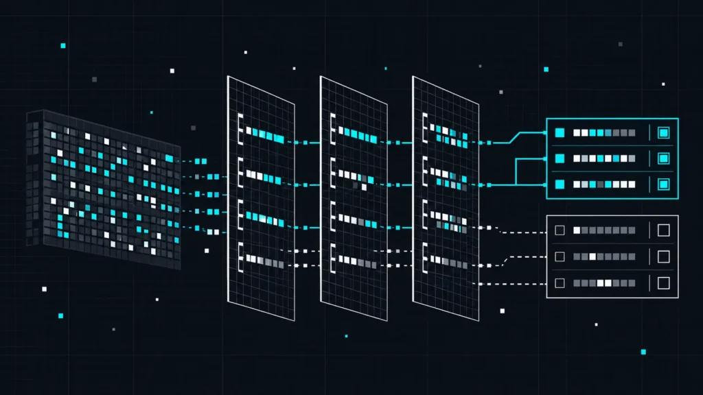 Binary pattern matrix passing through YARA-X rule tests into match and non-match results