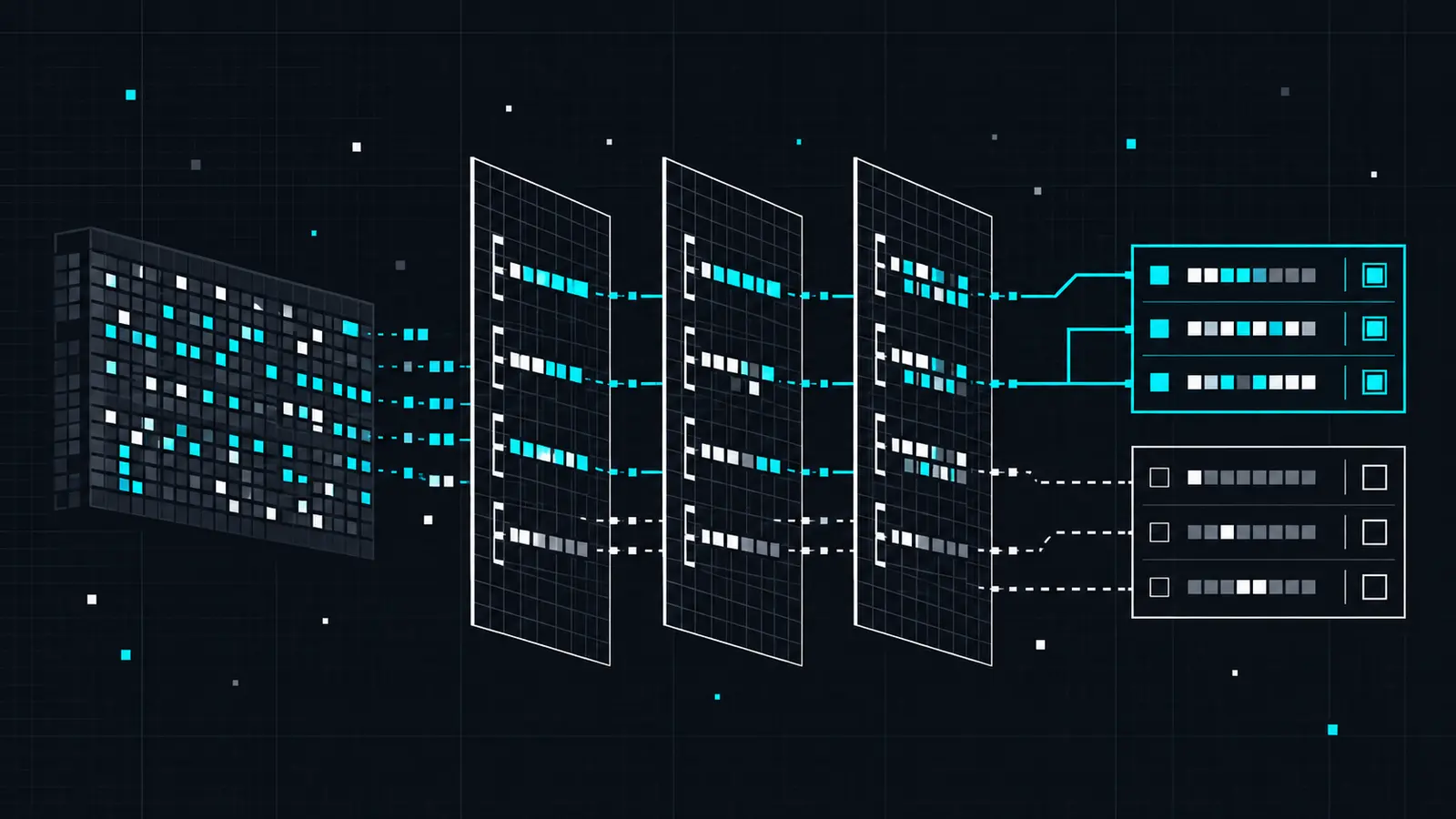 Binary pattern matrix passing through YARA-X rule tests into match and non-match results